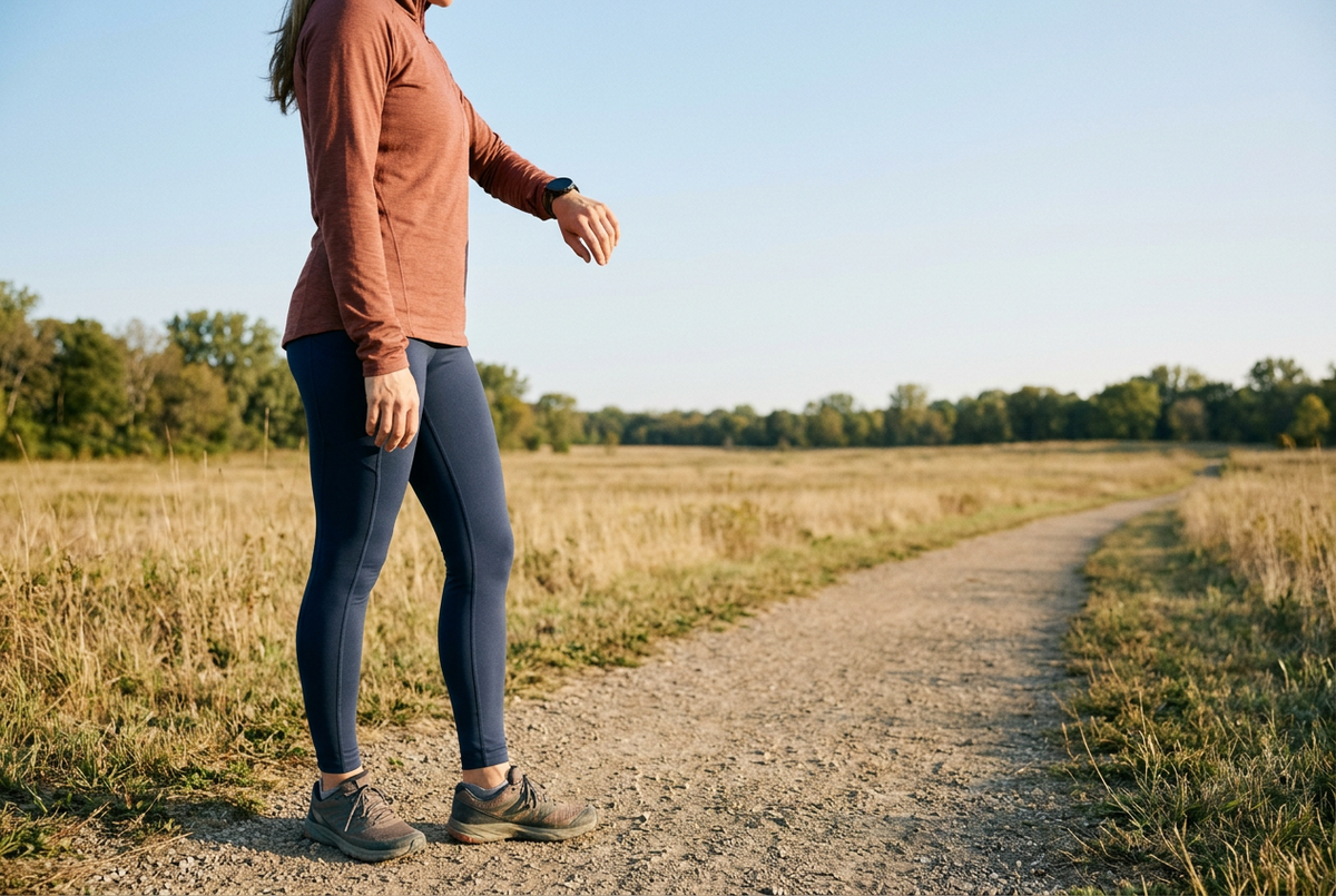 A runner stands on an open park trail with a smartwatch facing upward beneath a clear morning sky.