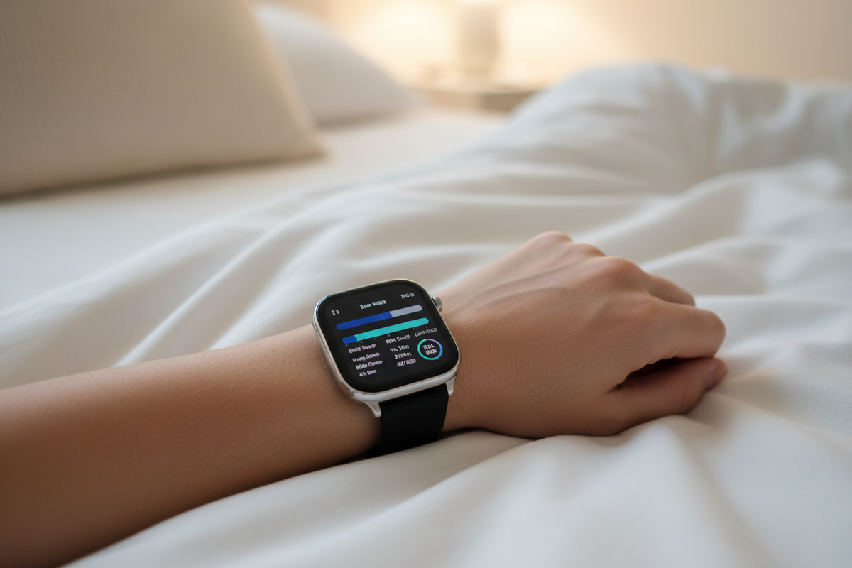Smartwatch on a wrist resting on white bed sheets displaying a sleep stage analysis dashboard with deep sleep, REM, and light sleep data, illustrating smartwatch sleep tracking features